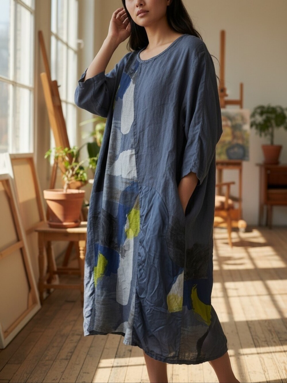Beyond Capri Oversized Abstract Print Linen Tunic Dress